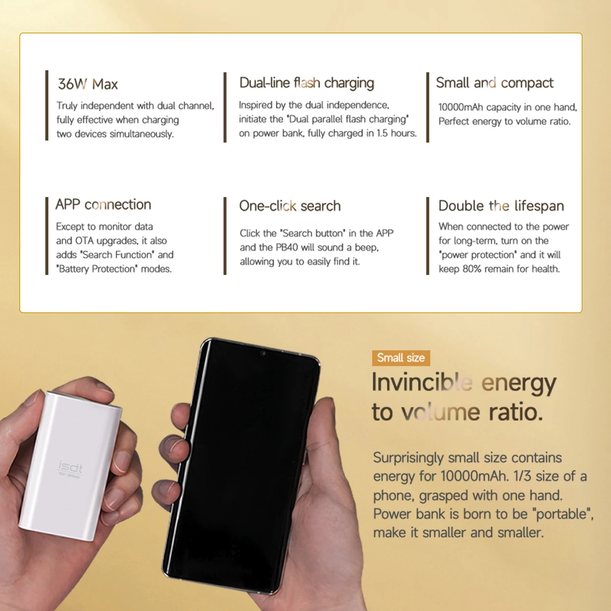 ISDT-cargador portátil PB40, batería externa de 10000mAh, Max, 36W, USB-C Dual, carga rápida para iPhone 14, 13, 11, iWatch, Samsung S20
