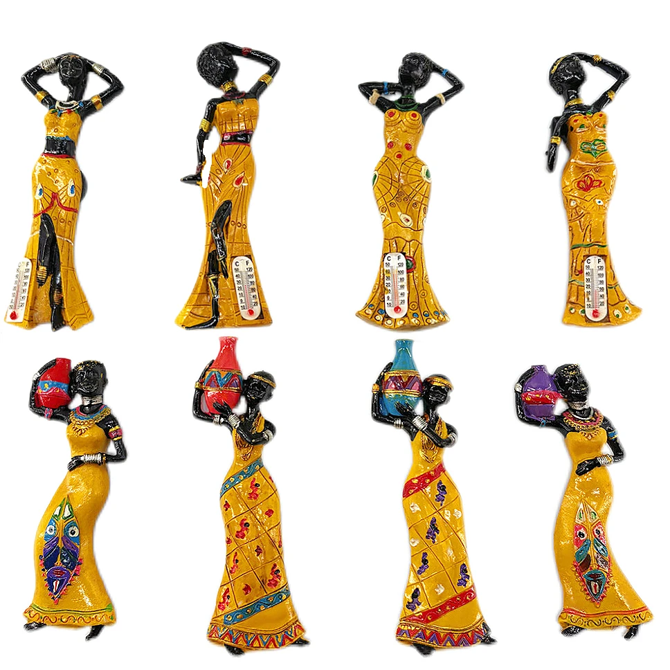 African Tribal Water Jar & Thermometer Woman 3D Fridge Magnet Set, Resin Ethnic Souvenir, Gift & Decor