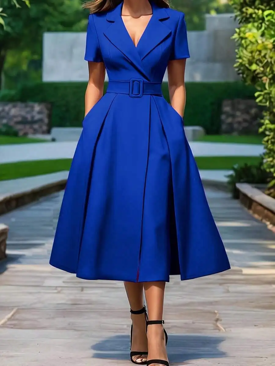 

Royal Blue Short Sleeve Wrap Dress with Belted Waist and A-Line Skirt