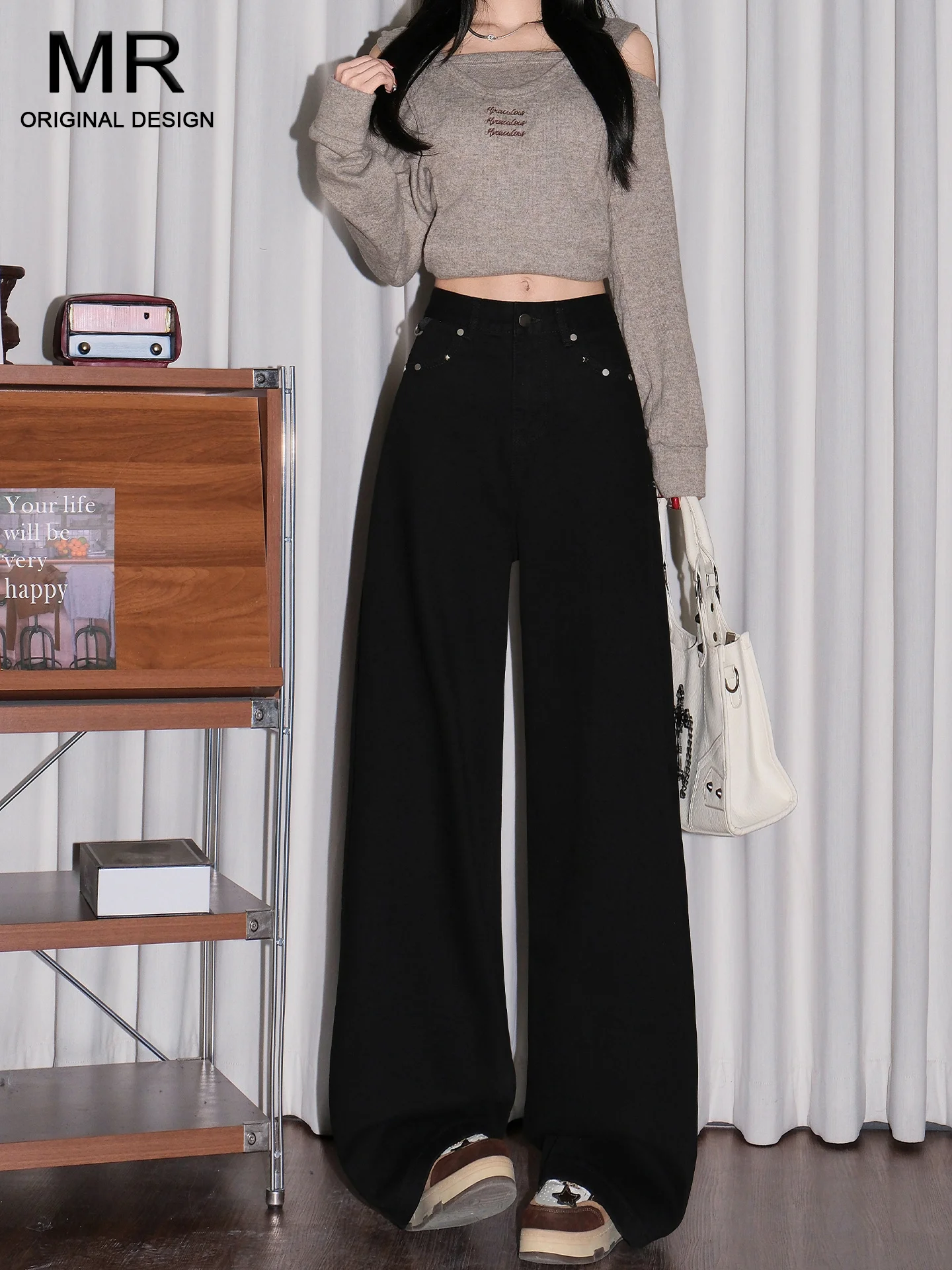 

American Style High Waist Loose Fit Straight Leg Denim Jeans Women's Black Summer New Arrival Long Pants Casual Cotton Polyes...