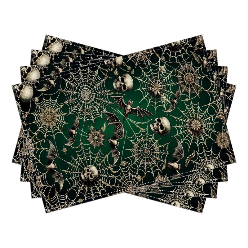 4pcs Gothic Victorian Vampire-Themed Placemats Set Dark Green Golden Spider Web Skull Bat Design, Durable Polyester Fabric