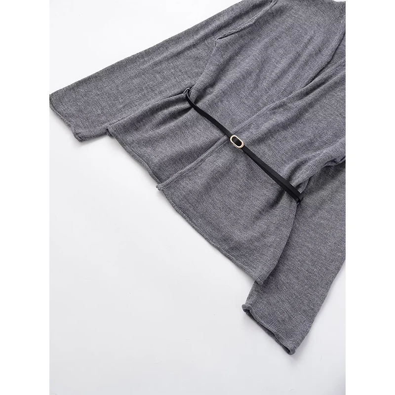 เสื้อคาร์ดิแกนถักแบบมีเข็มขัดสำหรับผู้หญิง แขนยาว คอวี สีเทา สำหรับฤดูใบไม้ผลิและฤดูใบไม้ร่วง