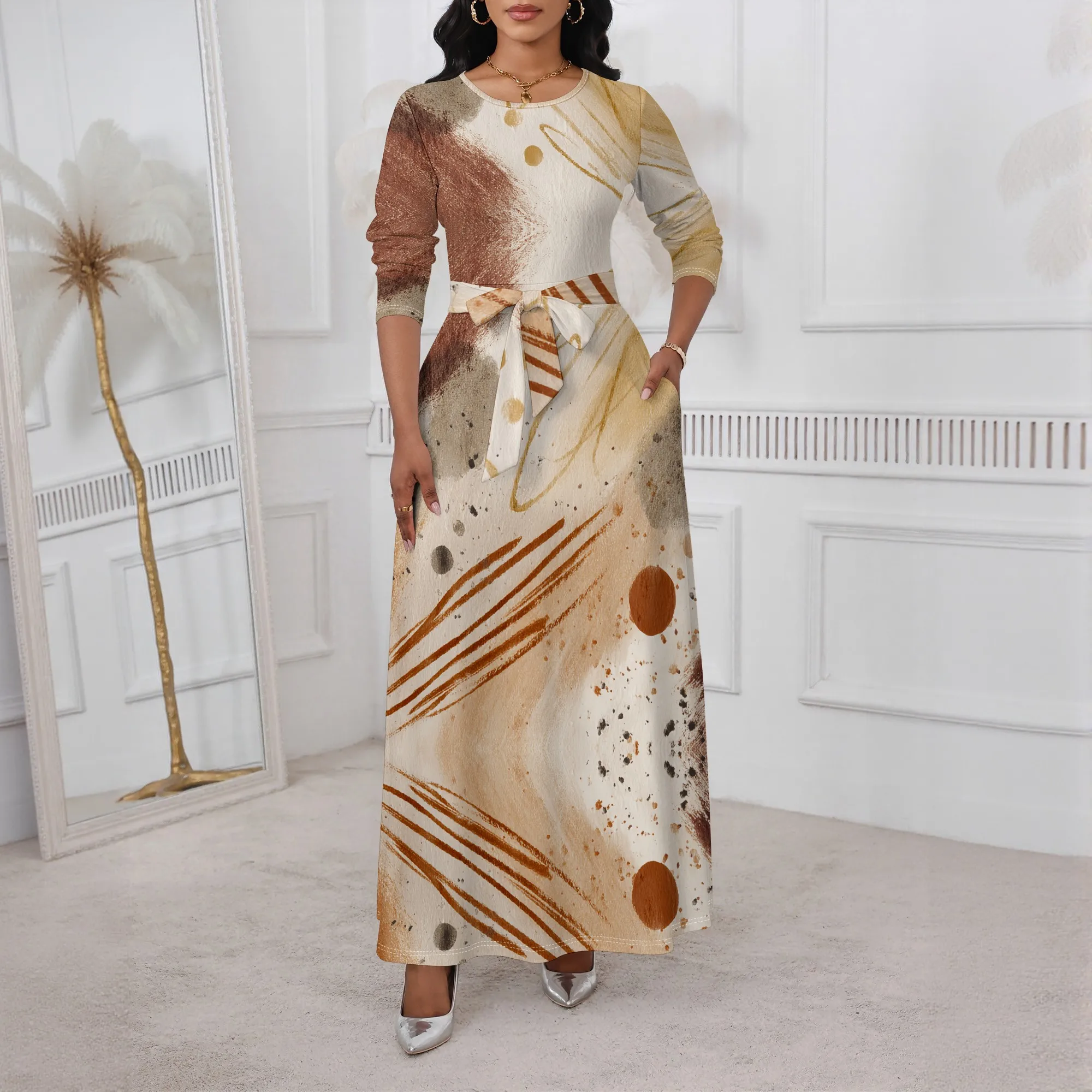 

Earth Tone Abstract Maxi Dress XS-3XL Long Sleeve Belted Crew Neck Style for Art Gallery, Fall Brunch or Cultural Event Look