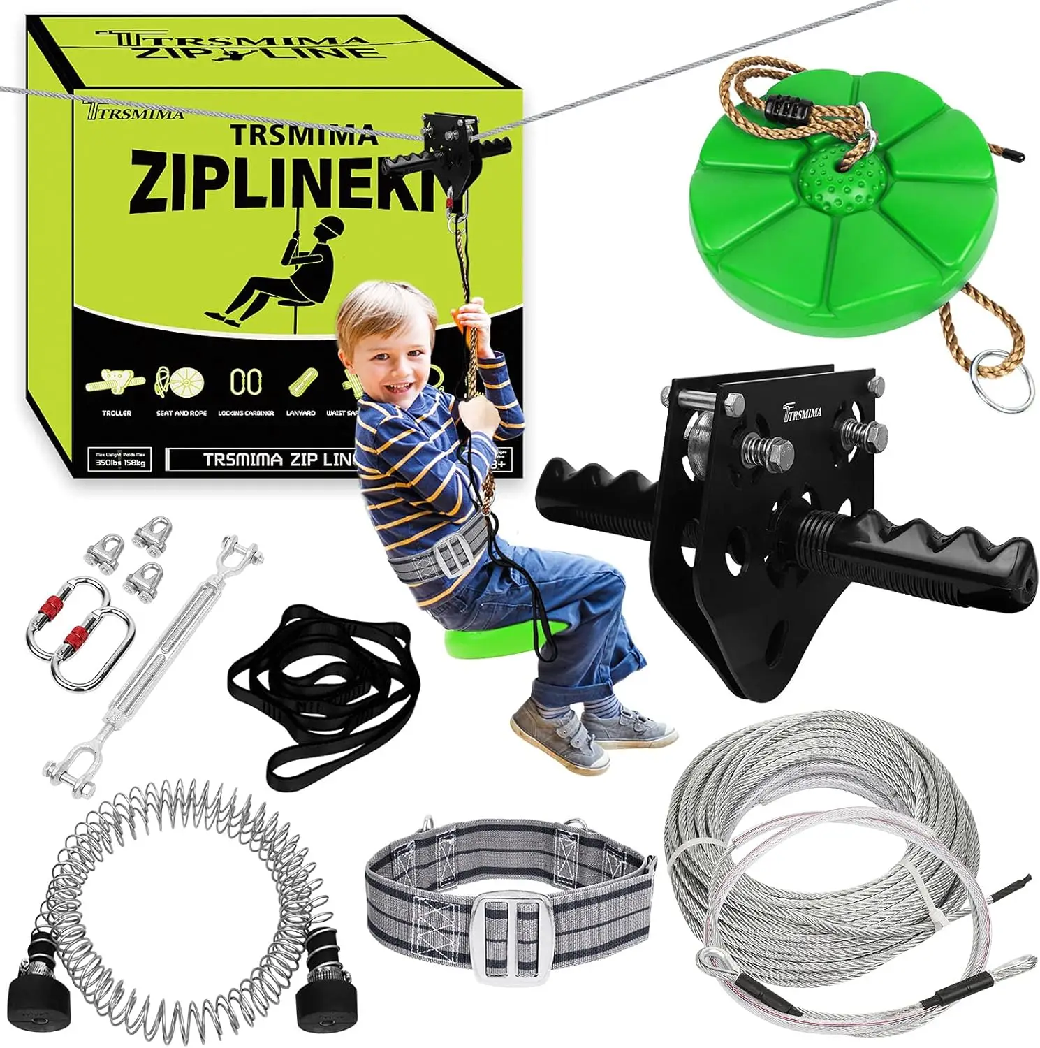 Line Kit for Kids and Adult Up to 330 lb with Zipline Spring Brake and Safety Harness, Zip line Trolley with Handle and Thickene