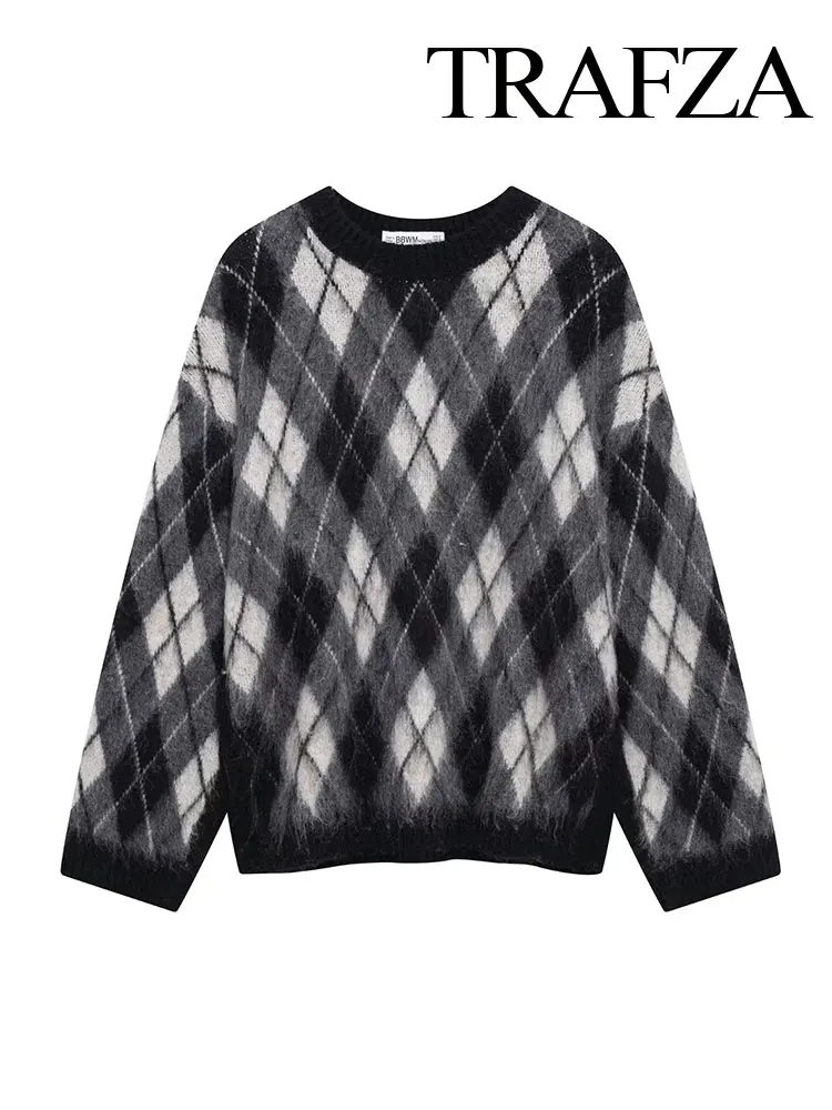 TRAGZA 2024 Women's Fashion Argyle Knitted Pullover Retro Round Neck Winter Elegant Women's Casual Street Long Sleeve Top