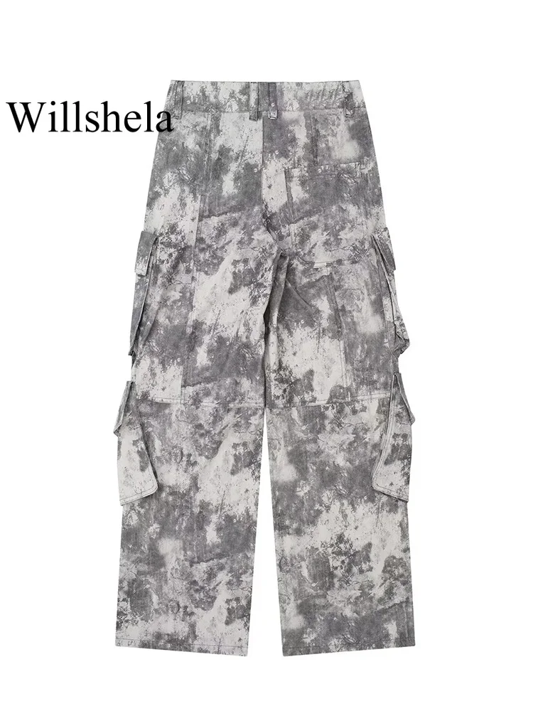 Willshela Women Fashion With Pockets Printed Front Zipper Cargo Pants Vintage High Waist Full Length Female Chic Lady Trousers