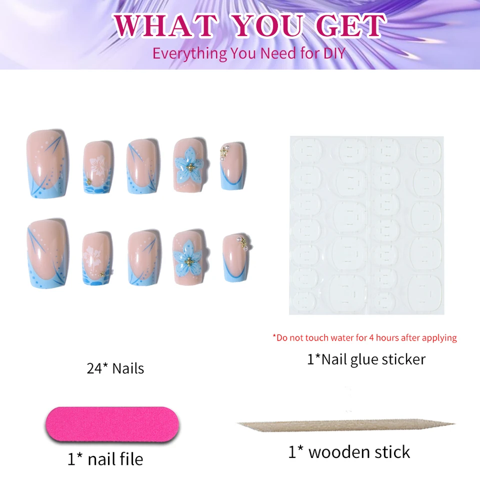 24 piezas de uñas postizas cortas cuadradas con gel 3D y decoración de perlas, francesas azul claro acrílicas, ajuste perfecto 4