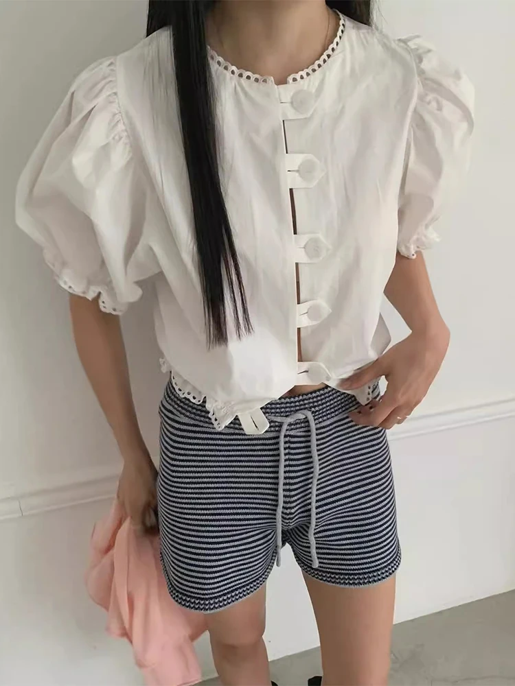 

Fashion Design Blouses Puff Sleeve Solid Color Single Breasted Hollow Out Shirts 2025summer New Crop Tops Slim Women's Clothin