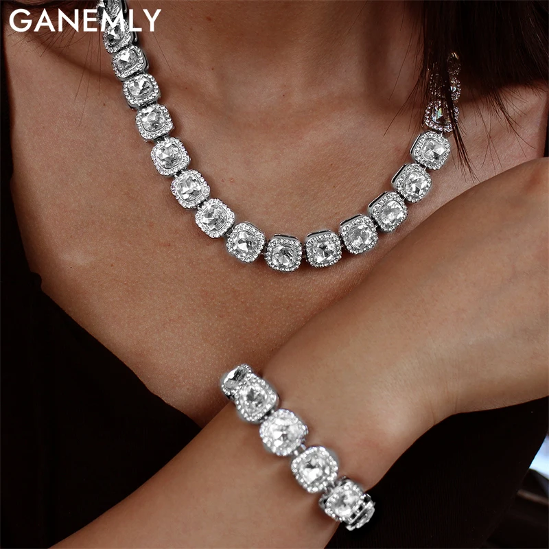 

GANEMLY Hip-Hop Exaggeration Square Sparkling Zirconia Necklace Bracelet Set For Women Men Waterproof Neck Chain Bangles Jewelry