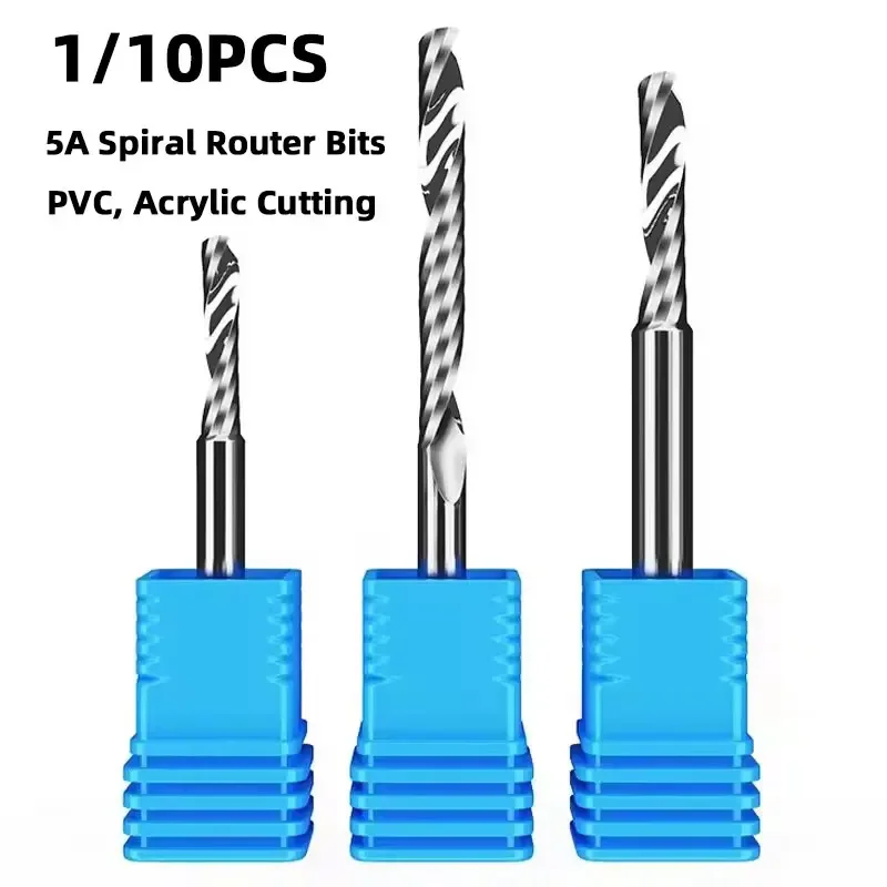 10PCS 3.175 4 6 8 10mm Shank Spiral Router Bits Milling Cutter Wood Engraving Bit PVC Cutter Singe Flute End Mill CNC Tool