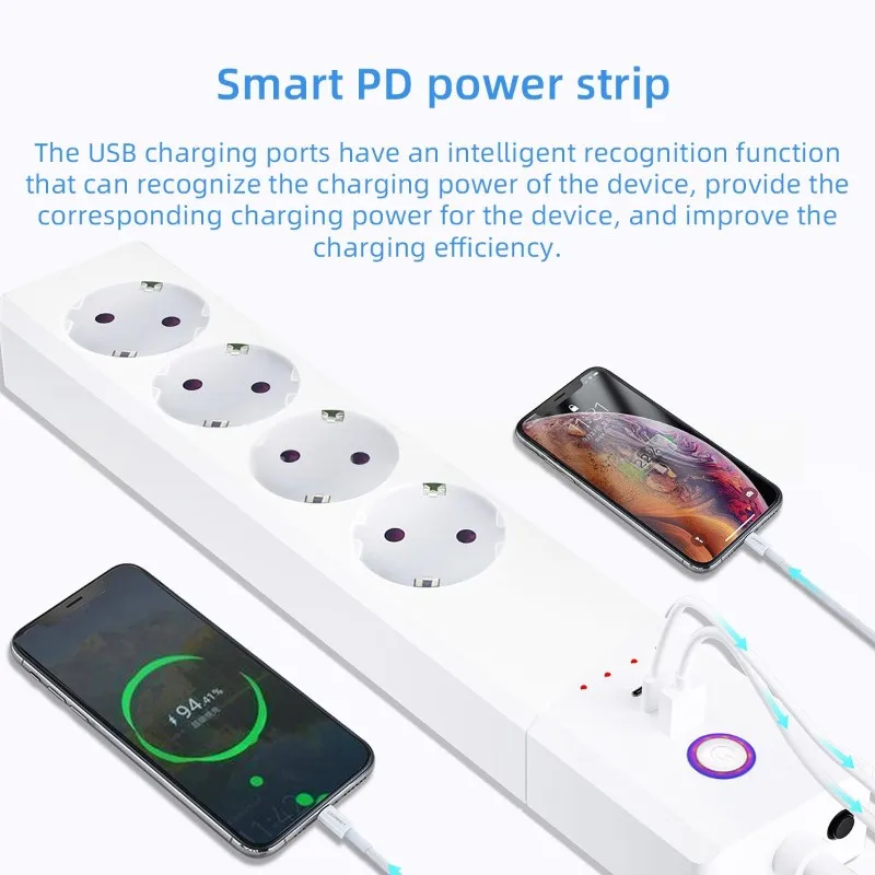 A23F-European Power Strip 20W Fast Charge With Voice Control, Timer, Wifi - Tuya App Enabled EU Plug
