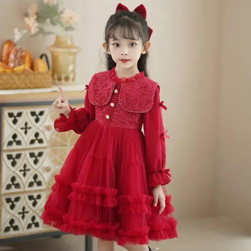 Girls' Dress 2024 New Winter Fashionable Fluffy Yarn Skirt Children's Plush Skirt Little Girl Long sleeved Princess Skirt