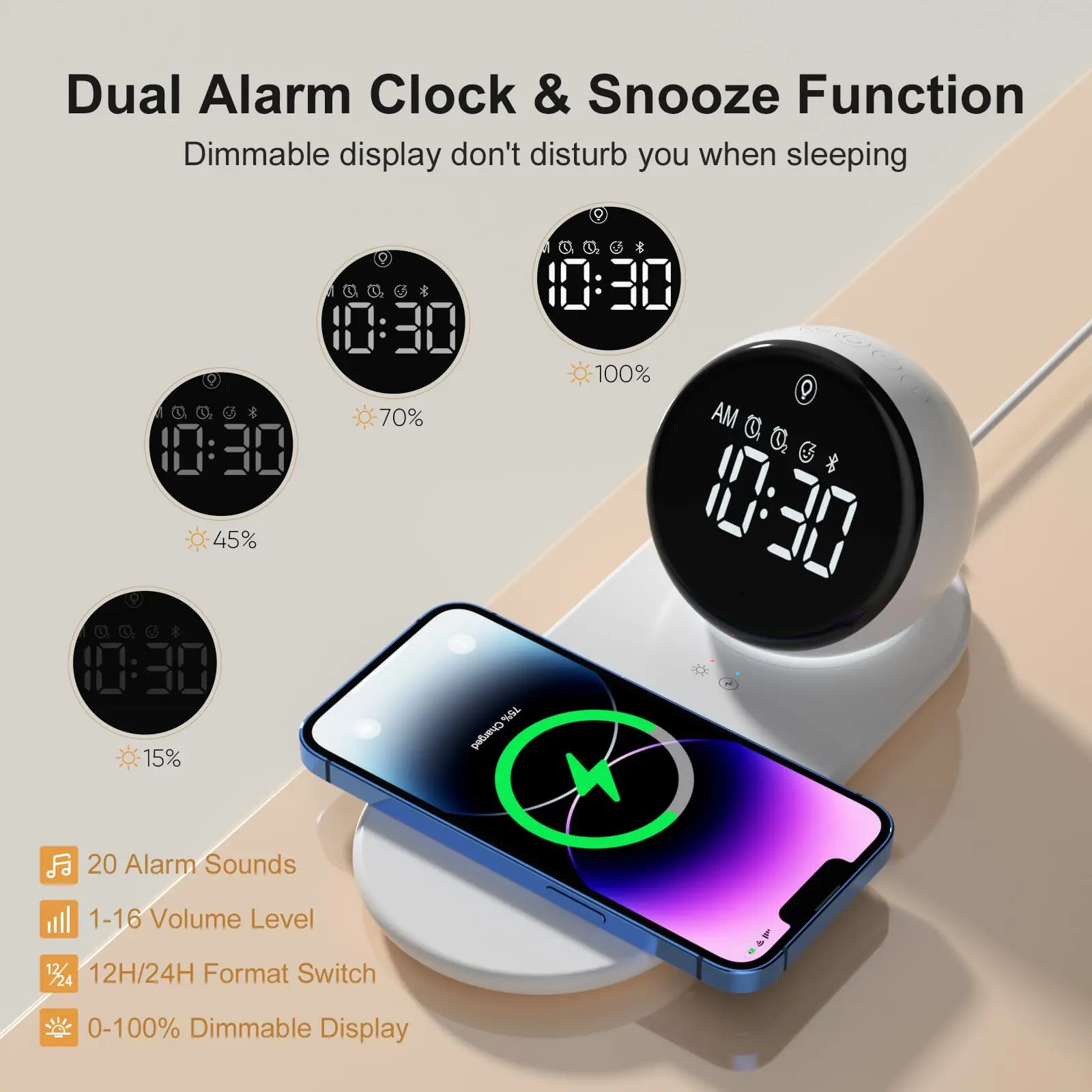 Digital Clock,Alarm Clock with Night Light 15W Wireless Charger for Bedroom,Girls Boys Gifts,20 Sleep Sounds, Bluetooth Speaker