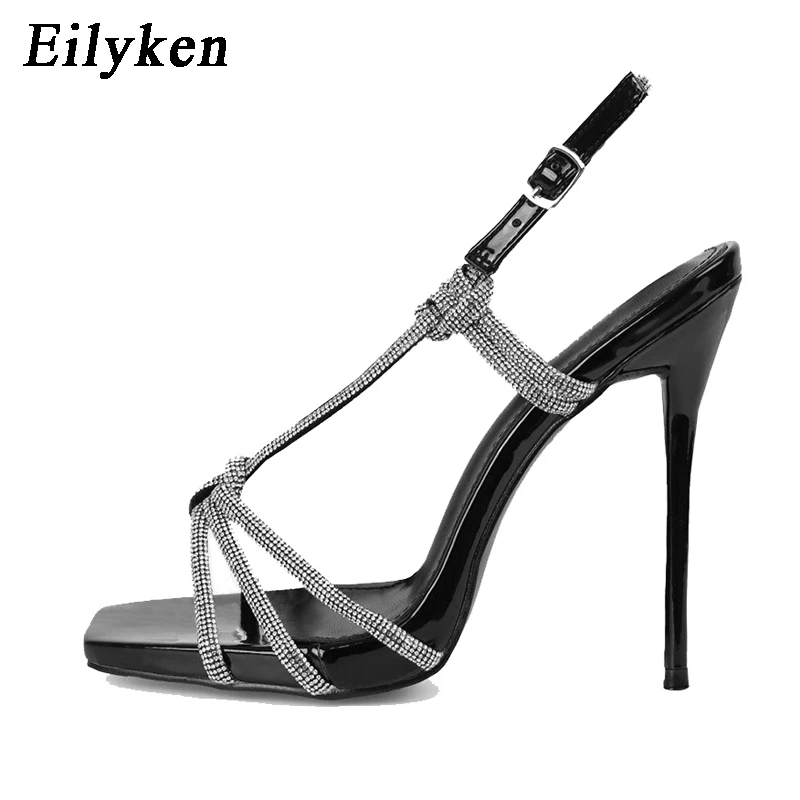 Eilyken Silver Bling Rhinestone Crystal Sexy Sandals For Women Open Toe Buckle Strap Thin Heels Dress Party Shoes Zapato De Muje