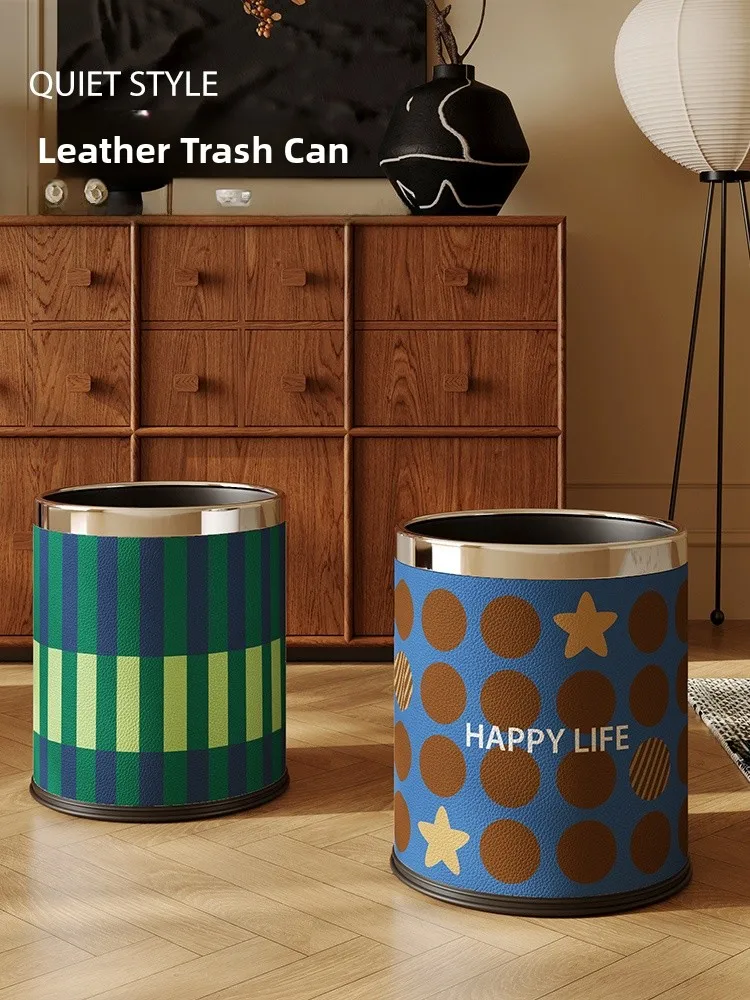 

Leather Home Use Trash Can Large Capacity Anti-Slip Kitchen Living Room Garbage Bin Waterproof Thickened Storage Bucket
