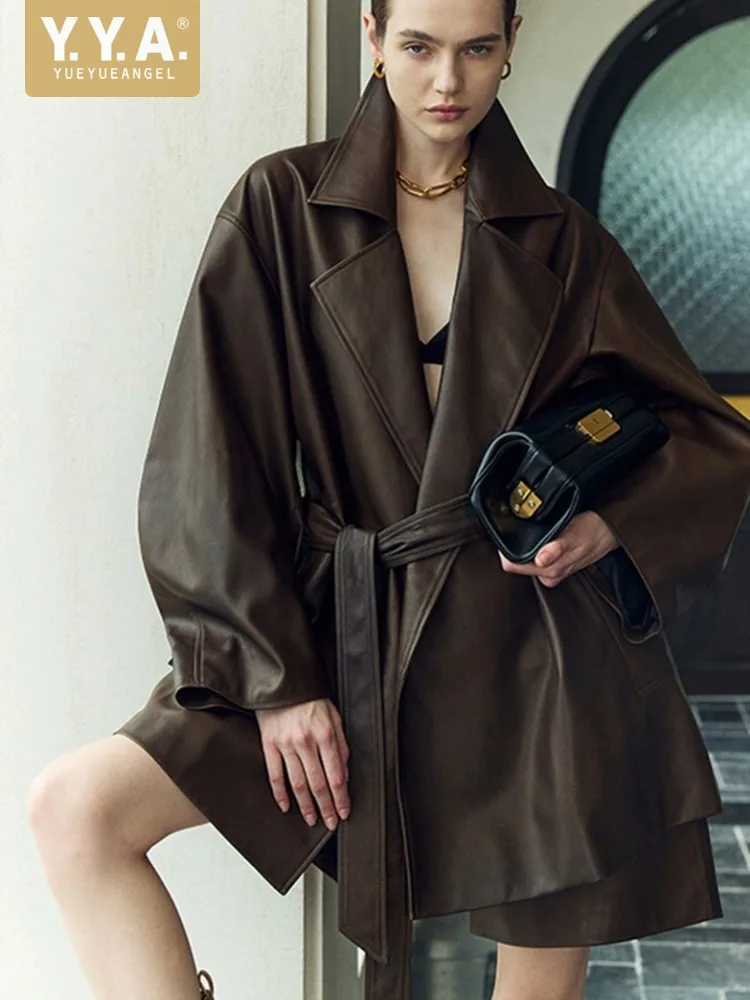 Autumn New Designer Women Belted Loose Fit Mid Long Sheepskin Genuine Leather Jacket Windbreaker Turn Down Collar Coat Outerwear