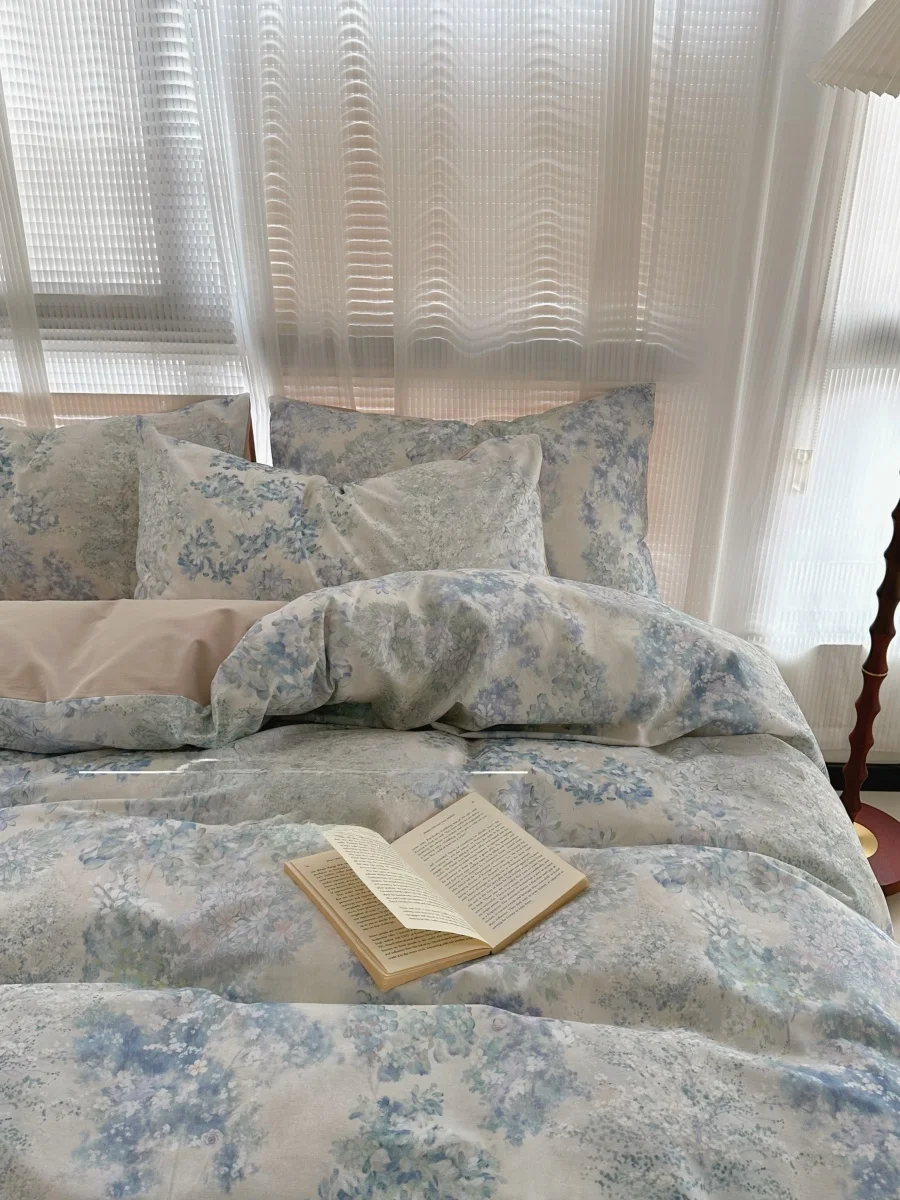 Blue Floral Thickened Pure Cotton Brushed Four-Piece Set  Healing Garden Style Bedding Set Queen Size Quilt Cover Sheet ...