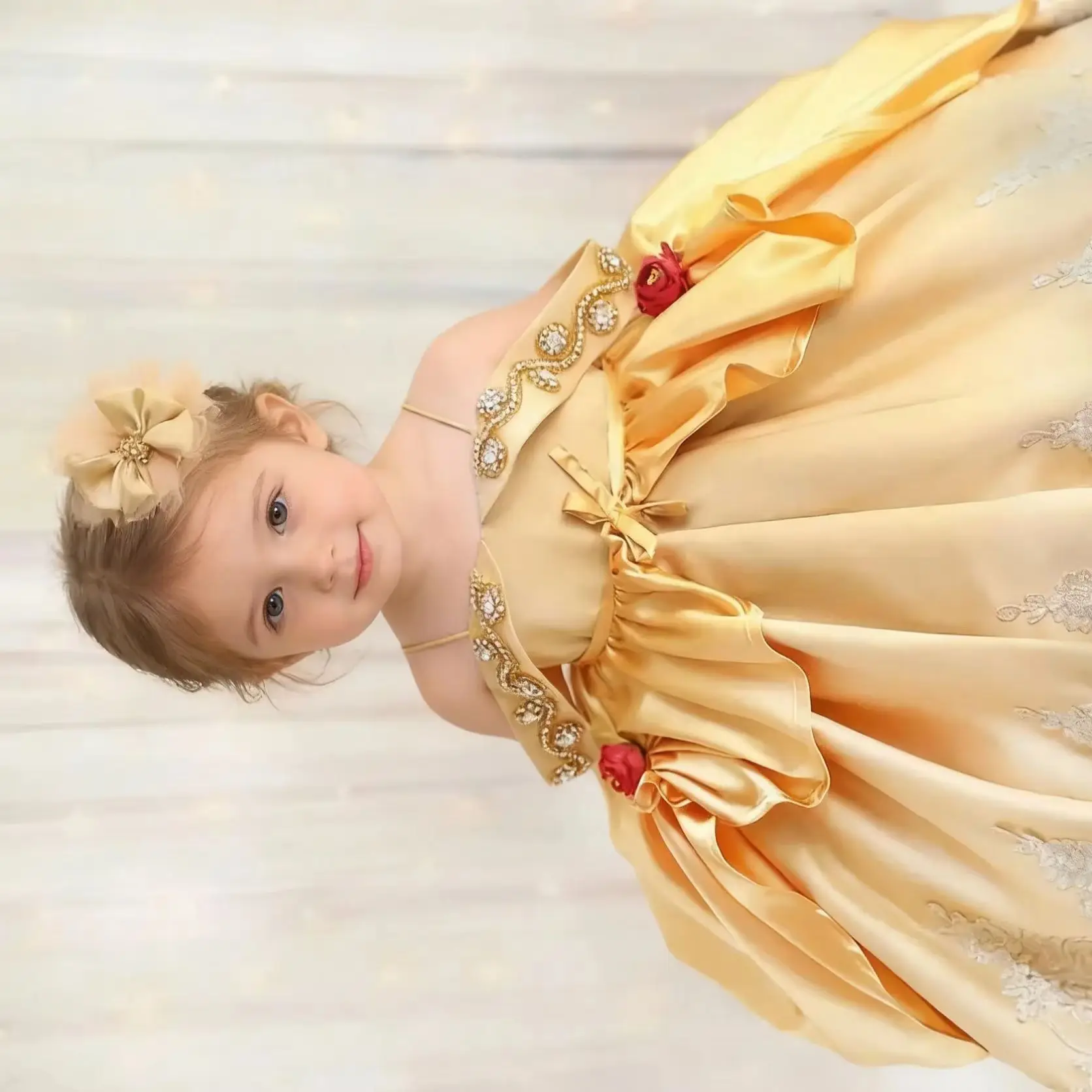 

Yellow Beaded Flower Girl Dresses for Wedding Off Shoulder Little Baby Girl First Communion Pageant Birthday Gowns Customized