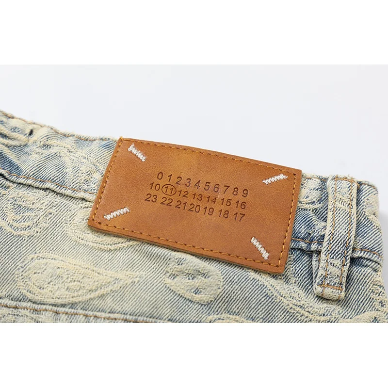 Hip Hop Personalized Cashew Flower Embroidered Men's Jeans Vintage Blue Washed Loose Straight ropa de hombre