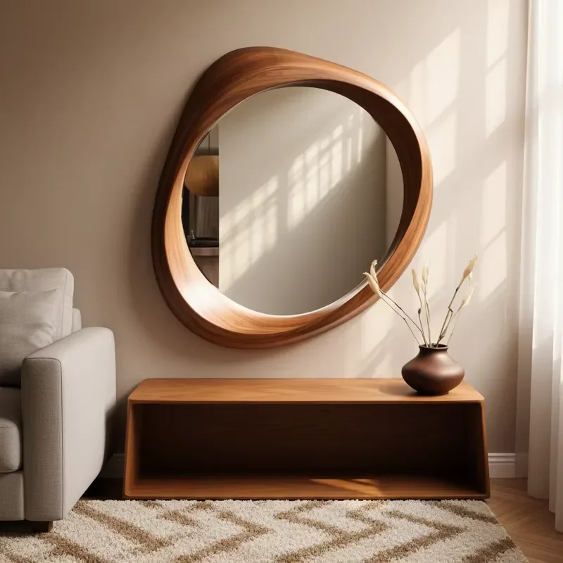 Modern Retro Solid Wood Irregular Wall Hanging Mirror New Chinese Zen Home Living Room Decoration Full Body Mirror