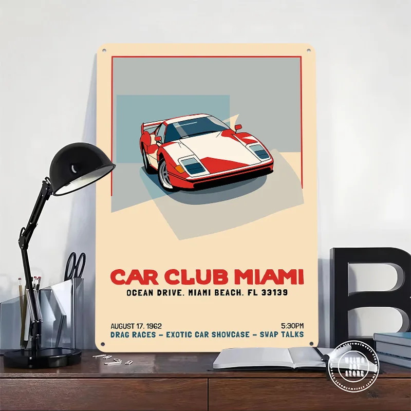 Car Club Miami Metal Poster Customized Wall Art Retro Vintage Tinplate Signs for Man Cave Room Decoration Garage Decorations