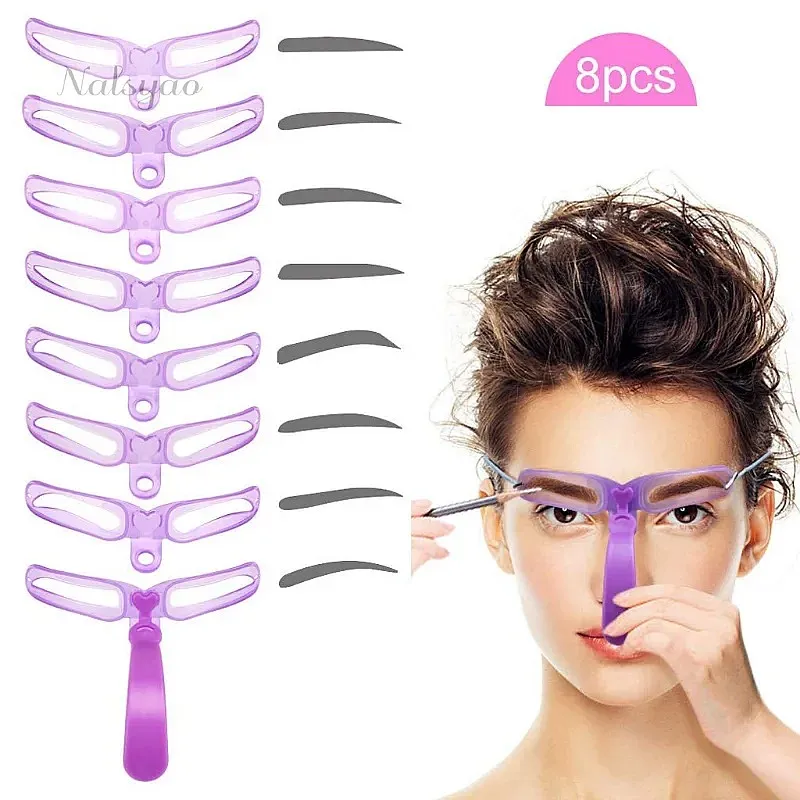 8 In 1 Reusable Eyebrow Stencil Stamp Template Makeup Tool Set Perfect Brow Shape Beauty Kit