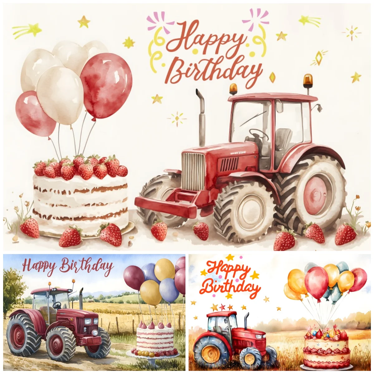 Tractor Birthday Backdrop For Photograph Red Farm Vehicle Balloon Cake Boy Kids Birthday Party Photo Studio Props Backgrounds