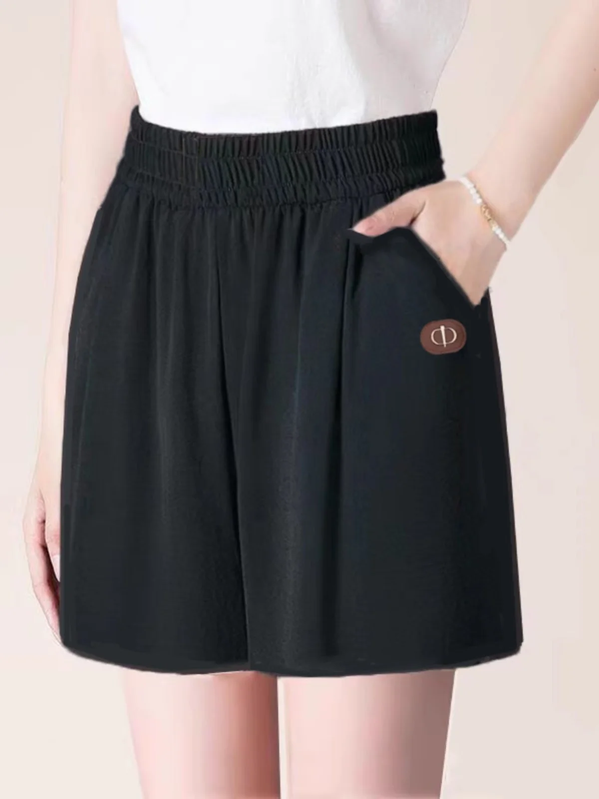 Ladies High Waist Ice Silk Linen Shorts Thin Casual Wide Leg Pants Mid-Year Three-Quarter Length Summer Shorts