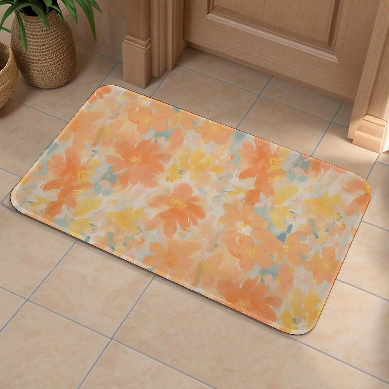 Soft Watercolor Orange Floral Ins Doormat, 2D Non‑Slip Soft Flannel Floor Mat For Bathroom Bedroom Living Room Entryway, Pastel Peach Flower Design, Warm Decor