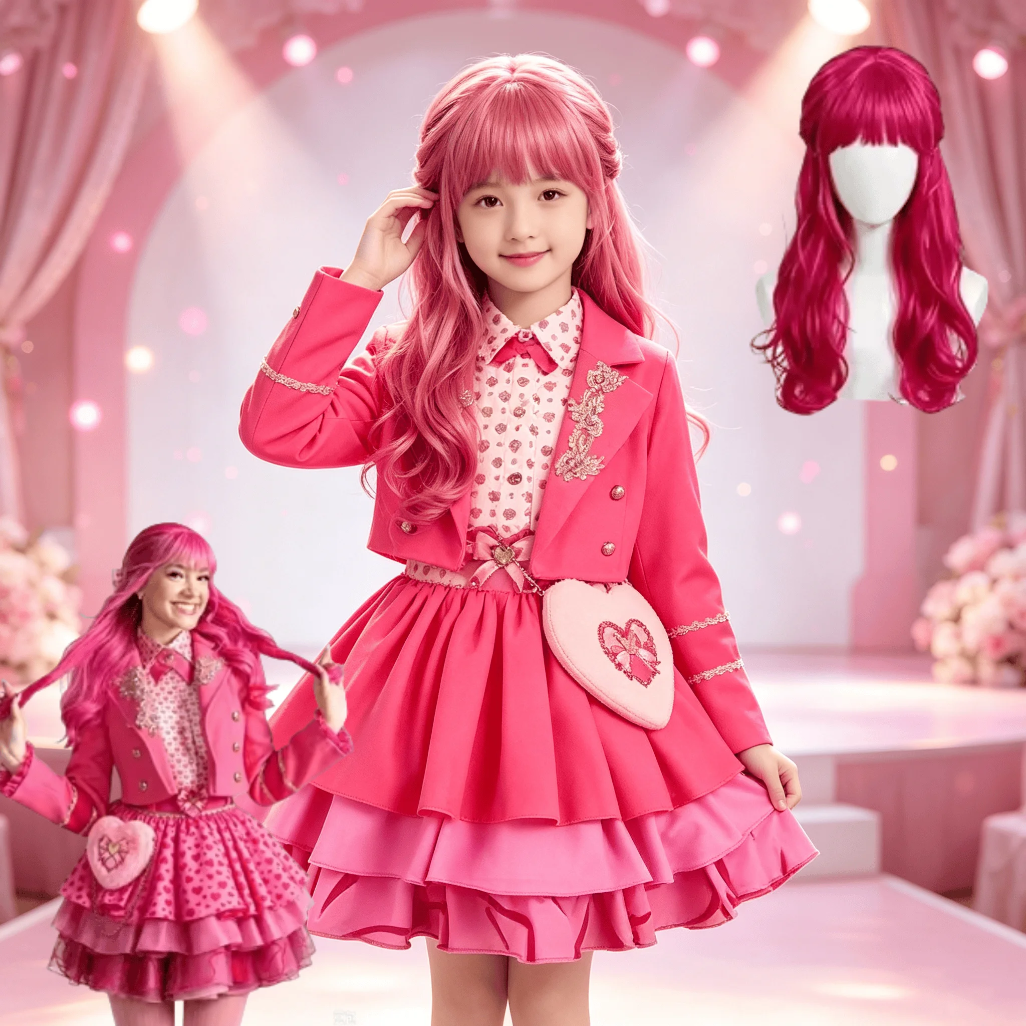 Pink Princess Cosplay Costume Movie Descendants 5 Kids Dress Wig Bag Set Children Size for Halloween Halloween Carnival Birthday