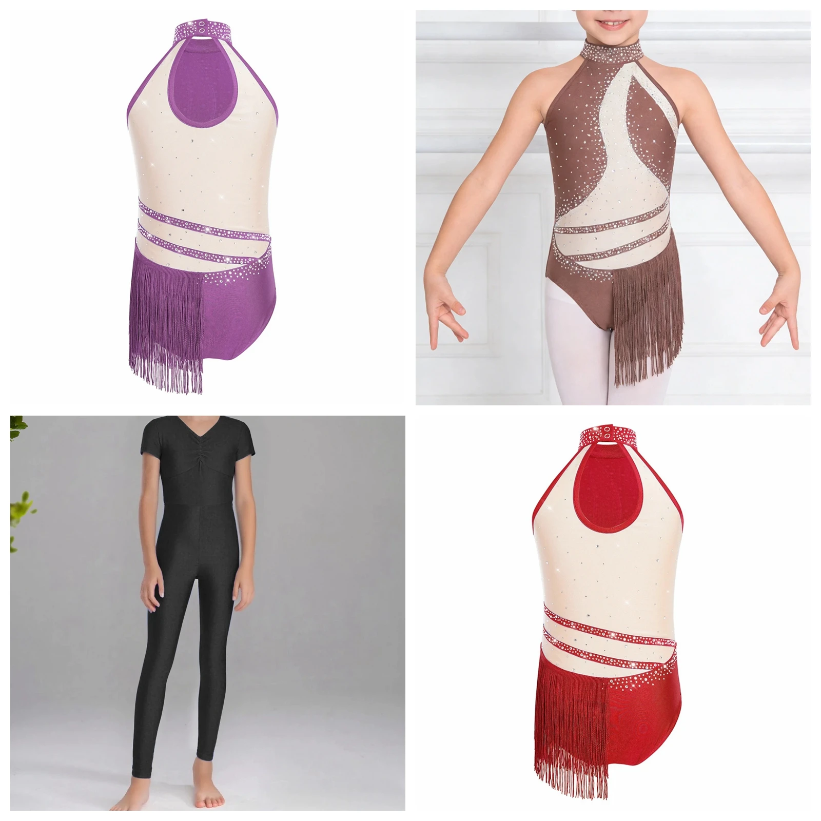 Children Tassel Latin Dance Leotard Kids Girls Sleeveless Jumpsuits Sparkly Rhinestone Color Block Fringed Bodysuit Dancewear