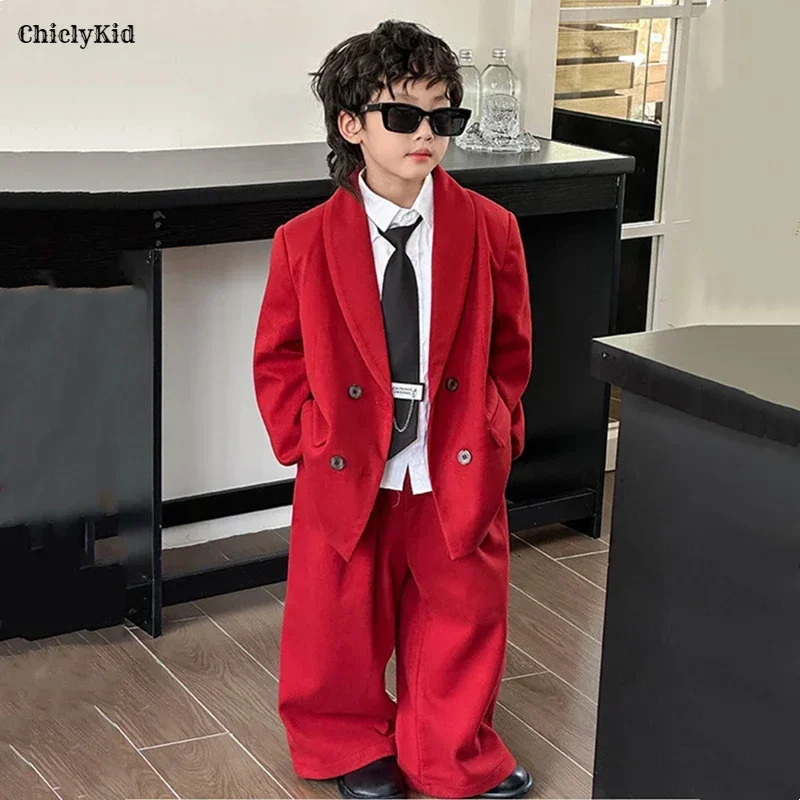 Boys Woollen Loose Blazer Jacket Pants Suits Kids Formal Dress Performance Casual Clothes Sets Child Toddler Party Leisure Suit