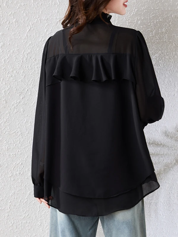 エレブラ スプライス ロングスリーブ スタンドカラー シフォン イルト レディース ファッション 春秋新作 スリープラスサイズ プロフェッショナル ブラ...