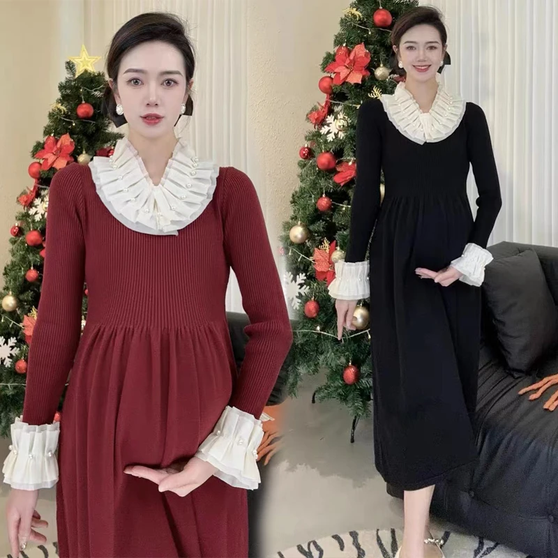 

French Style Maternity Knit Dress Long Sleeve Beading Ruffled Collar Elegant Pregnant Woman Party Dress Pregnancy Wedding Dress