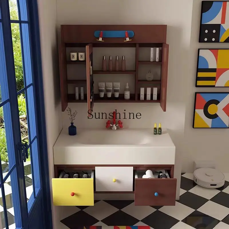 

Bathroom cabinet combination sink, bathroom integrated rock slab hot bending oak paint wash face