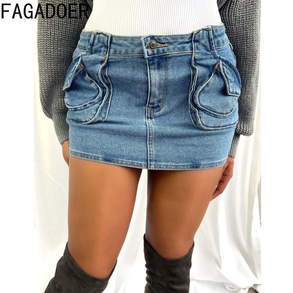 

FAGADOER Blue Summer New Pocket Denim Mini Skirt Women High Waisted Button Slim Bottoms Sexy Female Jean Cargo Skirts Streetwear