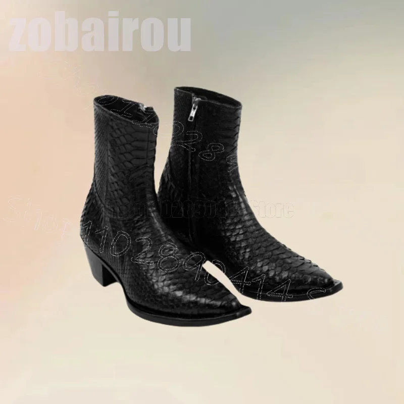 

Black Crocodile Print Ponted Toe Mid Calf Boots Fashion Side Zipper Men Shoes Luxury Handmade Party Feast Dating Men Dress Shoes