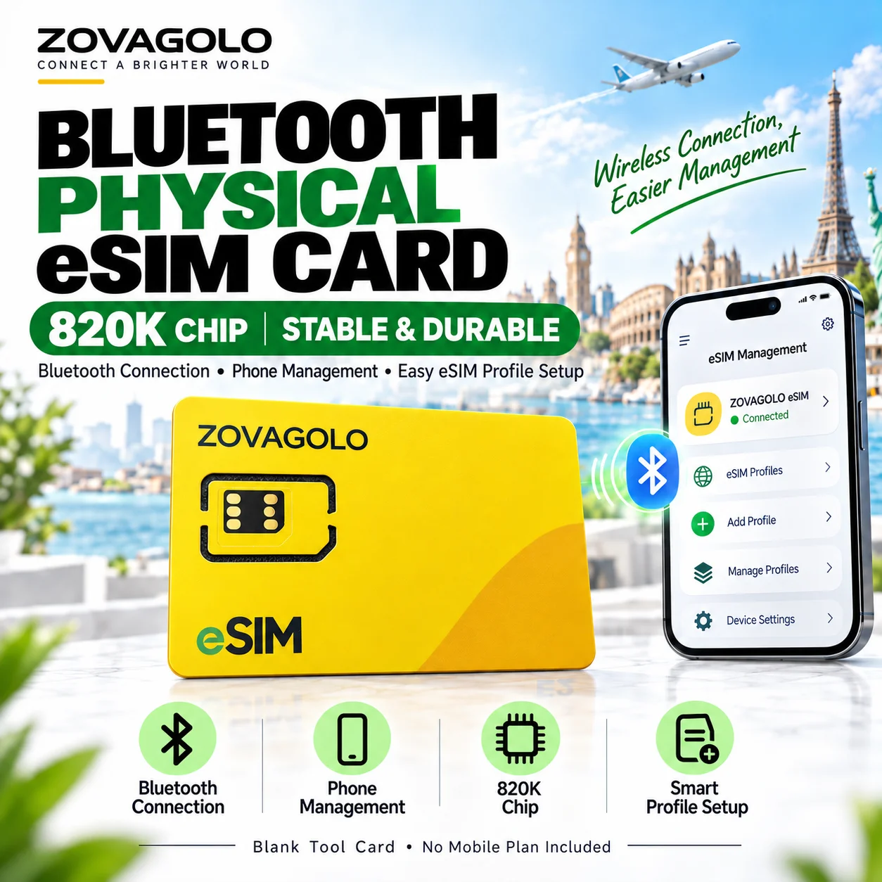 Bluetooth eSIM To SIM Card, Physical Nano SIM Card Adapter, Reusable eSIM Card For Android iOS Phone International Travel