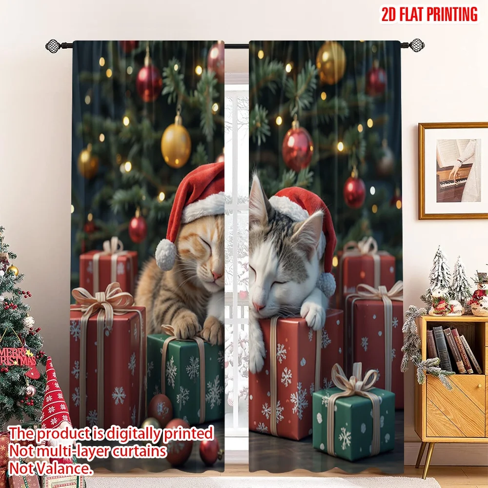 

2pcs 2D flat printing Merry Christmas Window Curtains Cute Cats Christmas Gift Polyester Without Electricity Party Decorations