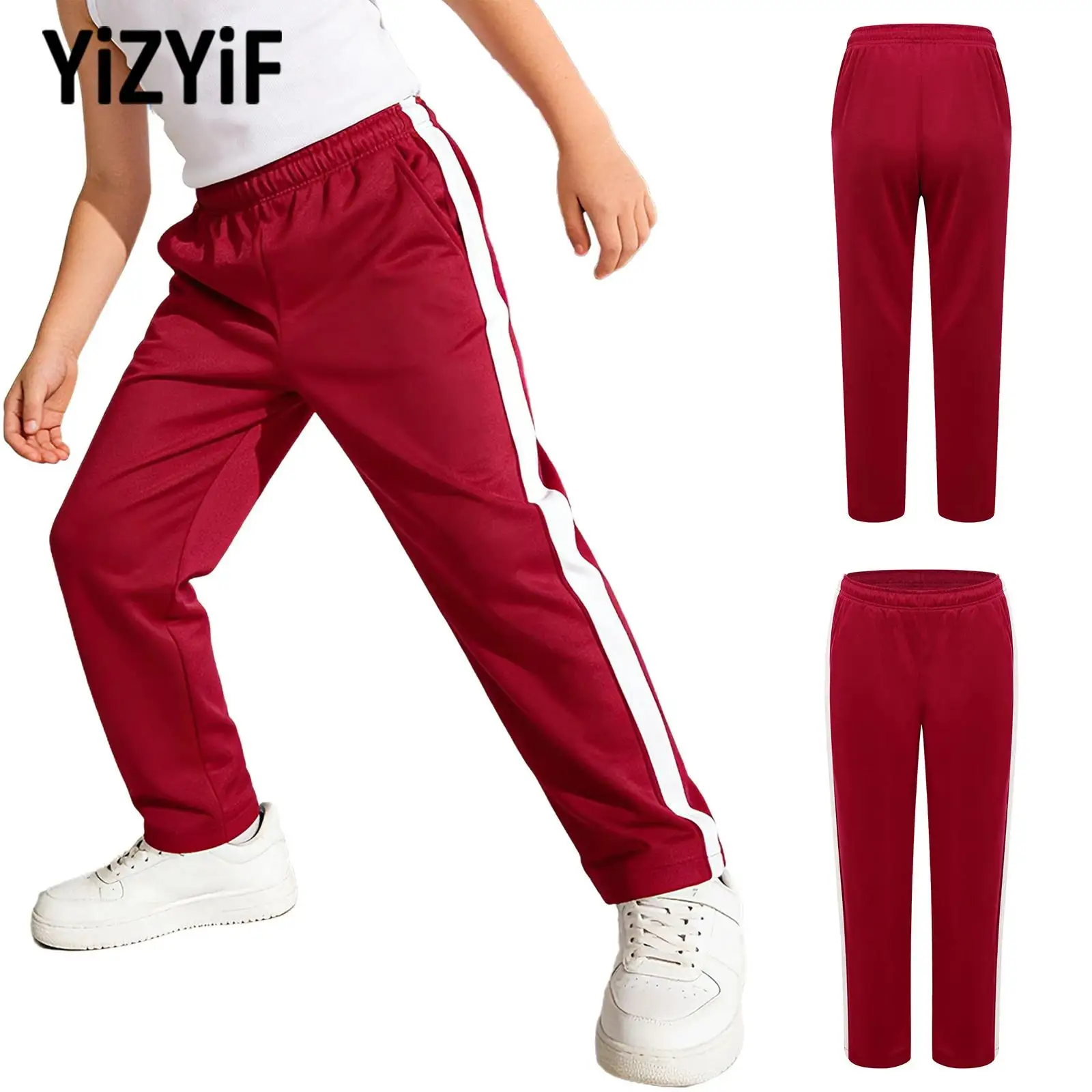 

Спортивные брюки для мальчиков и девочек с контрастными полосками, детские школьные спортивные штаны для баскетбола, эластичные прямые брюки с карманами для занятий спортом