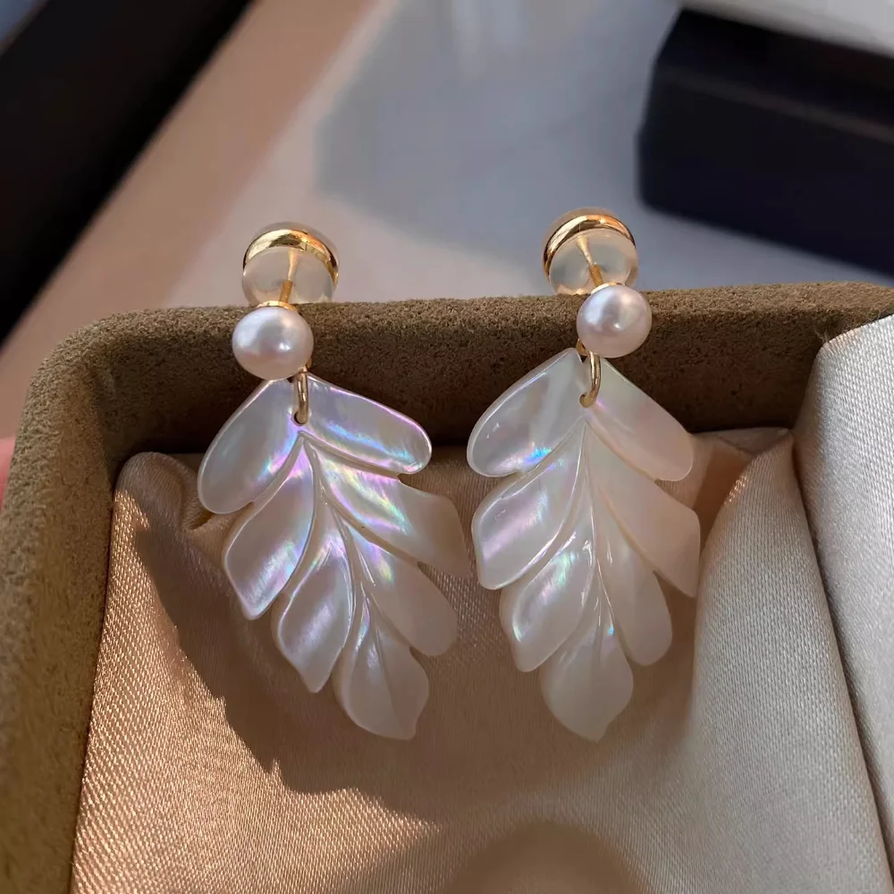 

French Romantic Natural Freshwater Pearl White Fritillary Maple Leaf Long Earring silver 925