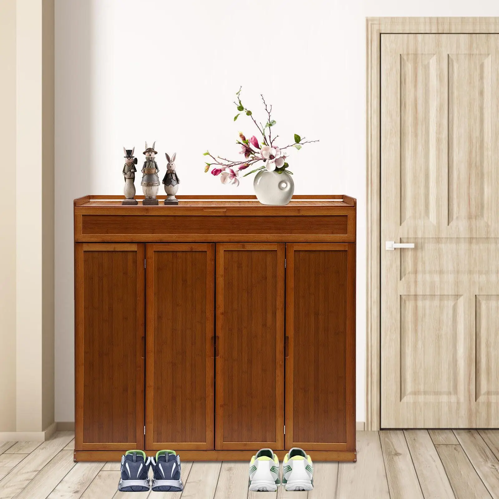 Armário de sapato de bambu com portas, armazenamento de entrada, compartimento alto para botas organizador, sala de estar, 7 níveis