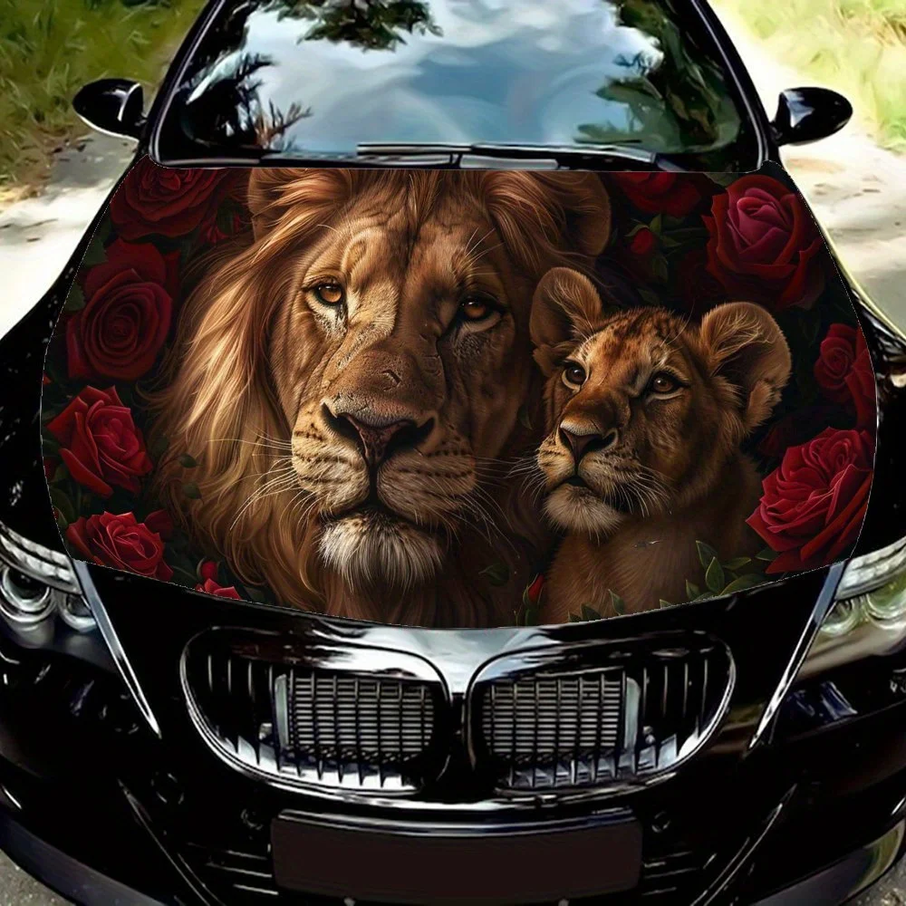 Rose Lion & Its Cubs Car Hood Sticker, PVC Waterproof Self-adhesive Scratch Resistant Body Film, Truck & Car Special, Car Trim A