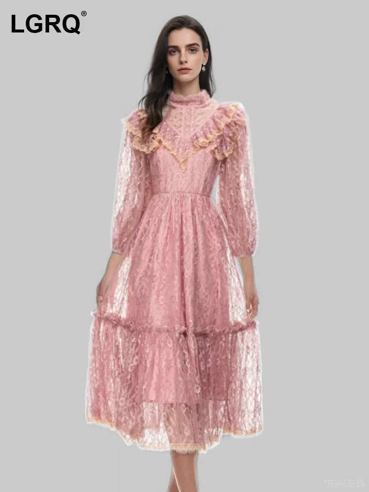

LGRQ Women's Pink Elegant Evening Dress Fashion Half High Collar Long Sleeve Vintage Print Dresses 2024 Autumn New Tide Clothing