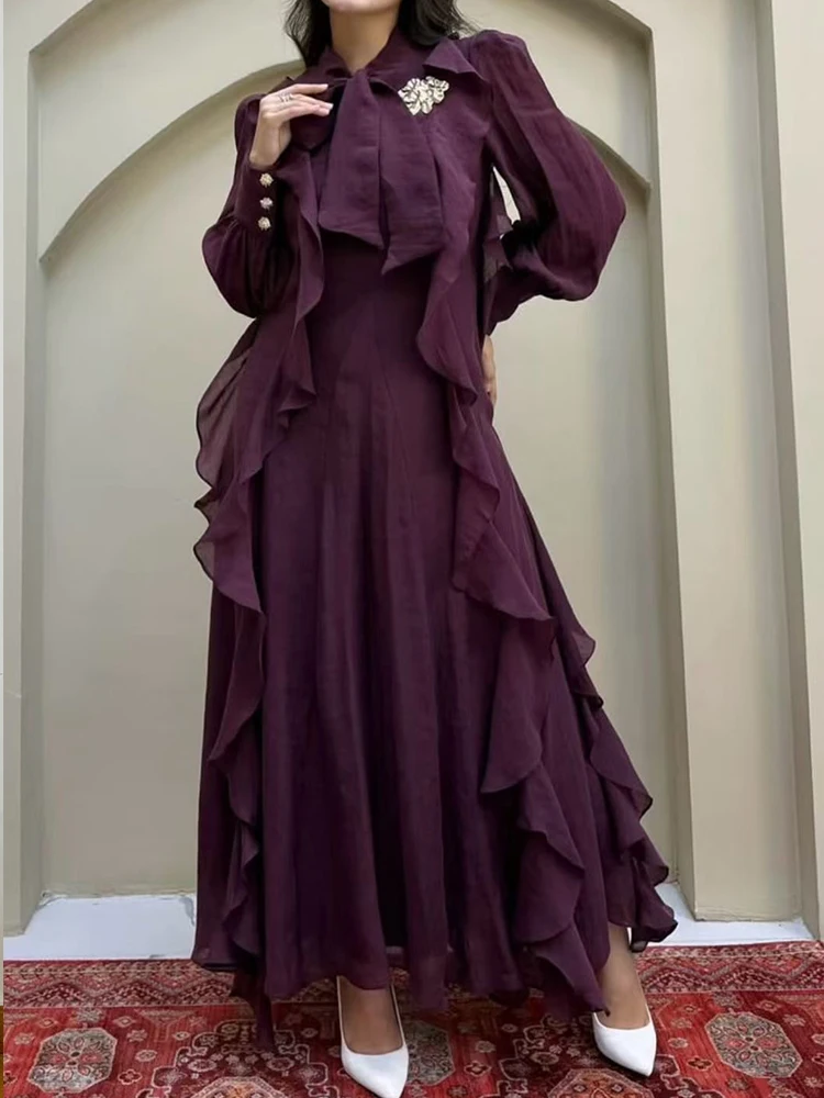 레트로 솔리드 컬러 우아한 허리끈 드레스 2025 가을 여성 신상 패션 긴팔 불규칙 러플 여성 루즈 드레스