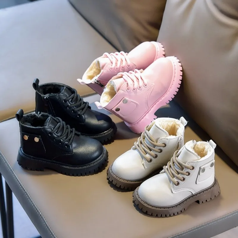 2026 New Kids Leather Chelsea Boots Waterproof Children Sneakers Solid Color Toddler Snow Boots Girl Winter Shoe Boy