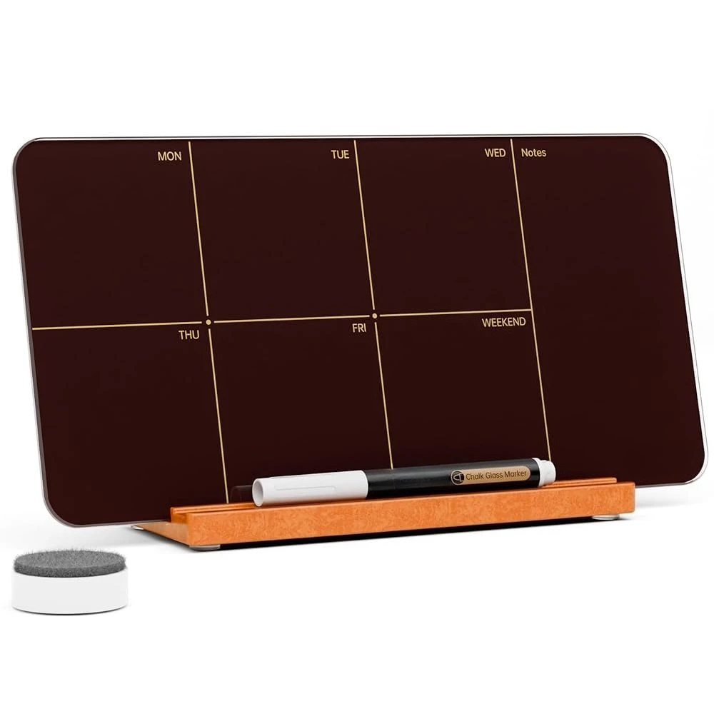 

Настольная еженедельная стеклянная доска для записей с отсоединяемой деревянной подставкой, бордовый цвет, маленький настольный календарь-планировщик для списков дел, белая доска для записей