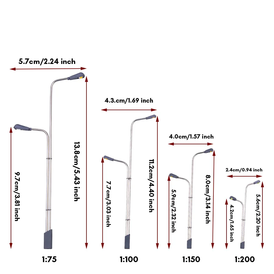 5Pcs HO Scale 1:75/1:100/1:150/1:200 Model Led Street Lamp Double Head Light Diy Miniature Train Layout Landscape Diorama Kits