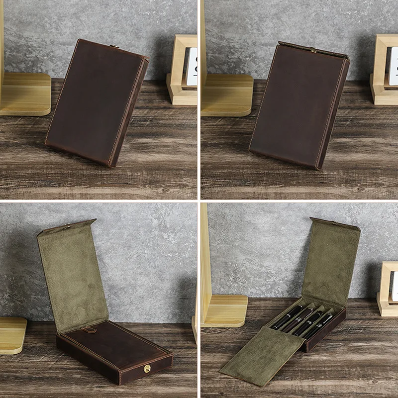 Handmade Vintage Crazy Horse Leather Pen Case for 4 Pens Portable Magnetic Flip Pen Box for Study Office Stationery Gift