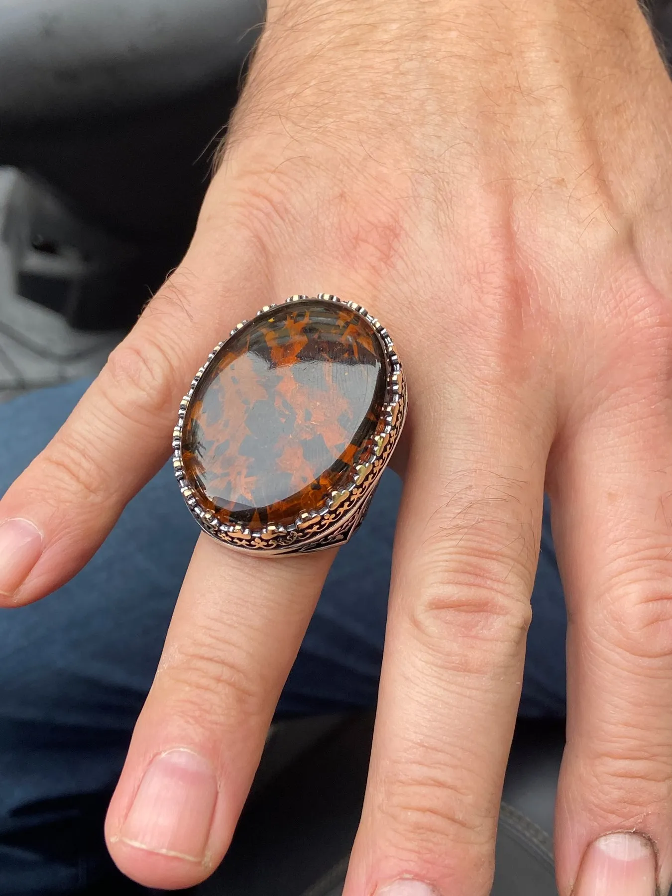 Baltic Amber Ring , Man Silver Large Amber Stone Ring , Turkish Silver Ring , Ottoman Style Embroidered Men's Ring